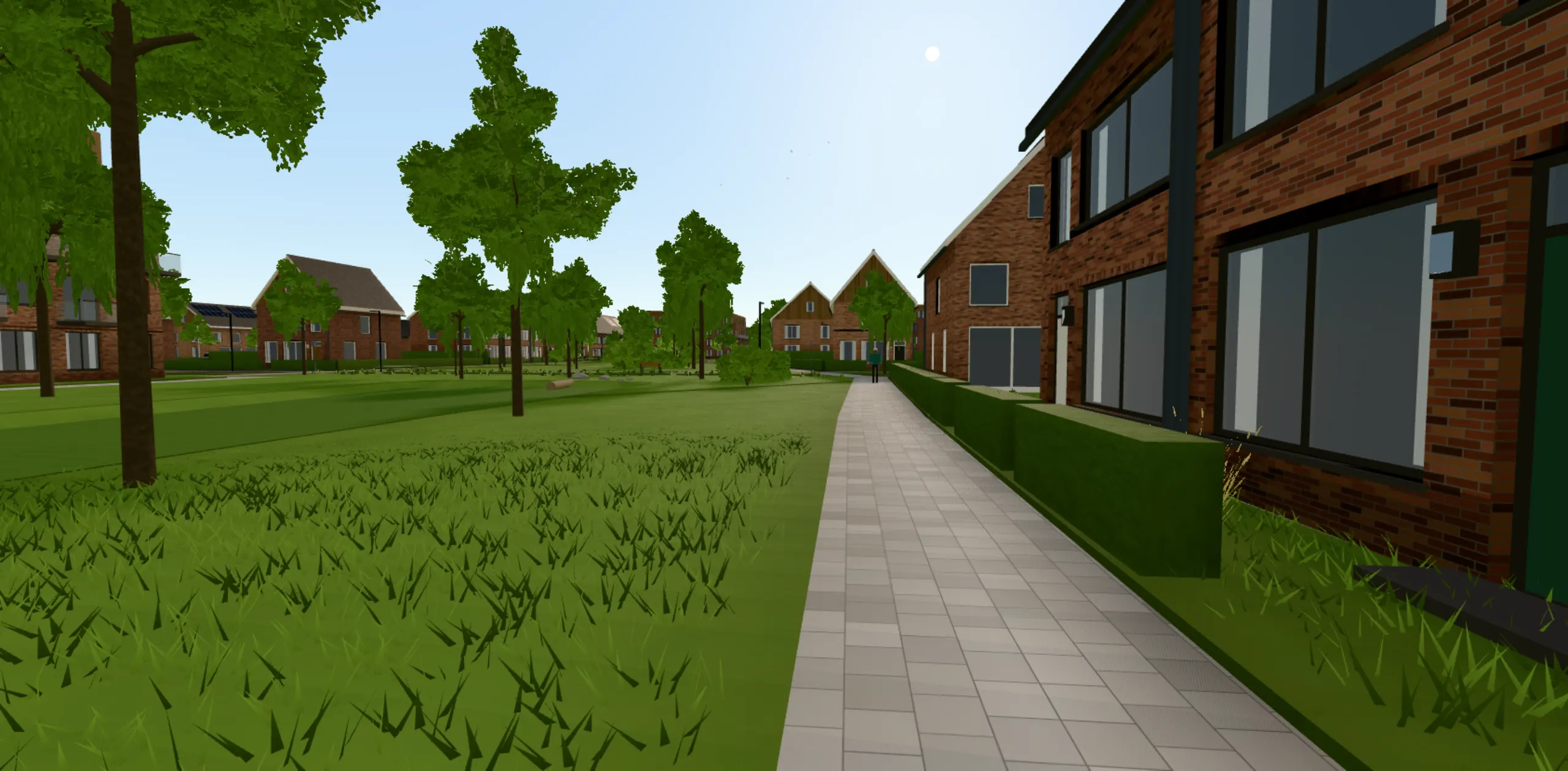 Vjenne Zuid in 3D i øjenhøjde: en sti langs boliger og en græsplæne